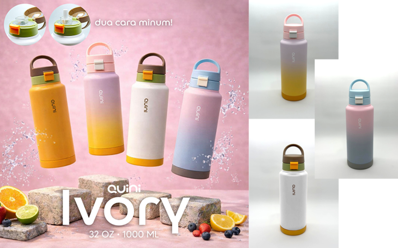 Quini Ivory 1000 ml, Tumbler Stainless Steel Elegan untuk Hidrasi Seharian