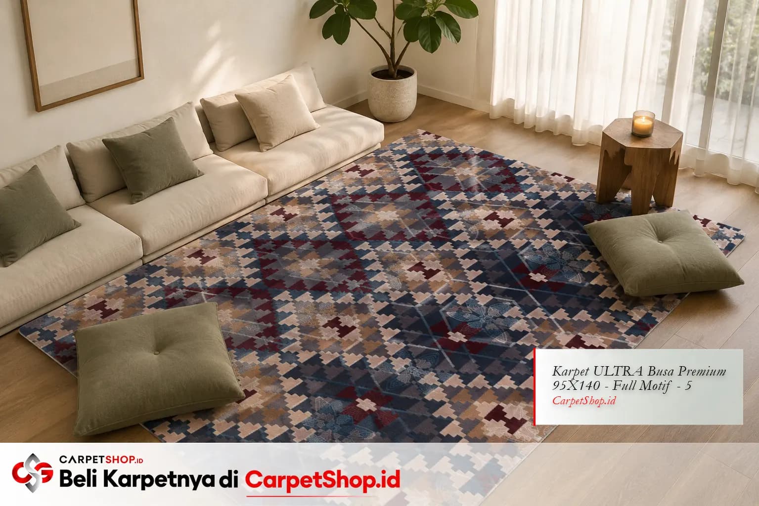 Ruang tamu Japandi dari sudut berbeda dengan Karpet ULTRA Busa Premium 95X140 Full Motif 5