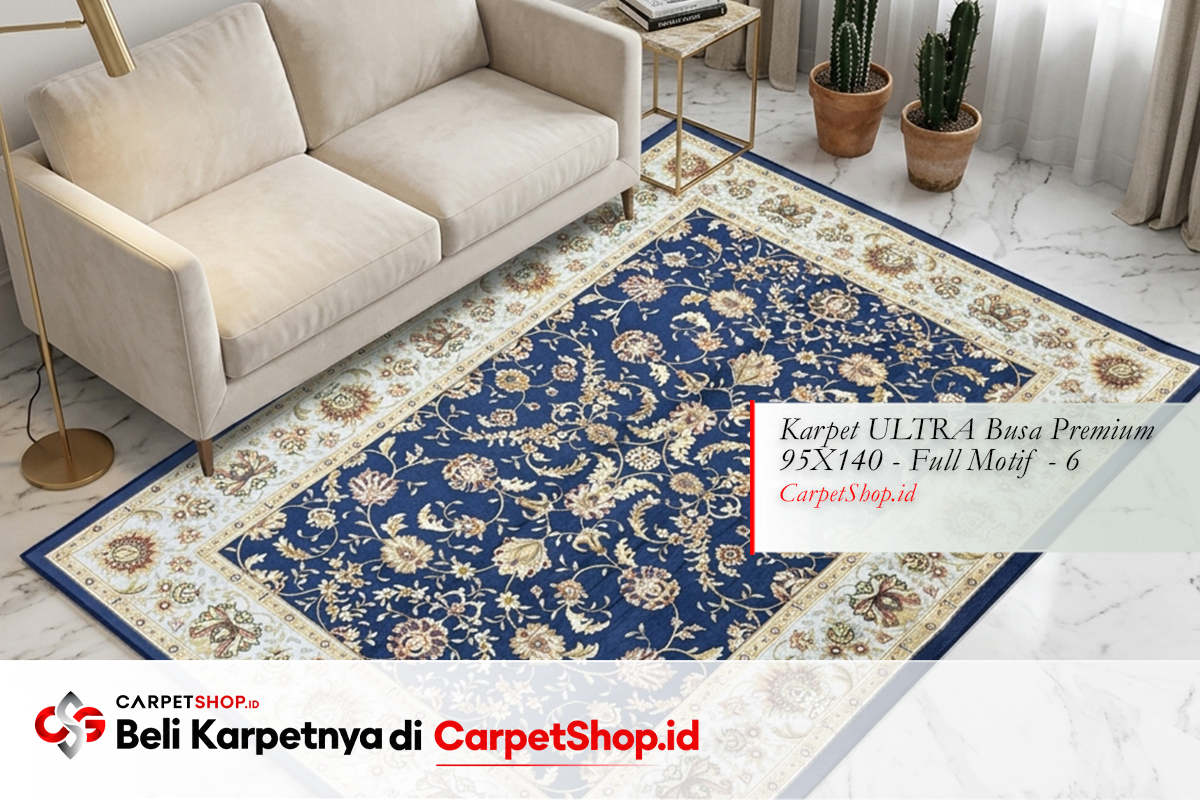 Karpet Persian navy di lantai marmer putih elegan dengan Karpet Pavo PSM 120X160 Silky Polyester PSM103