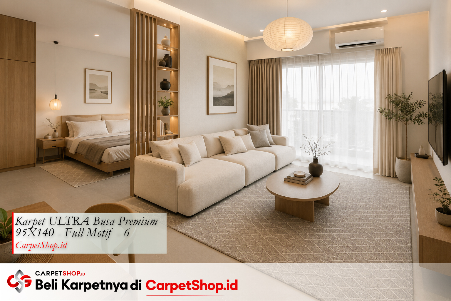Apartemen studio aesthetic dengan Karpet ULTRA Busa Premium 95X140 Full Motif 6 sebagai zone definer