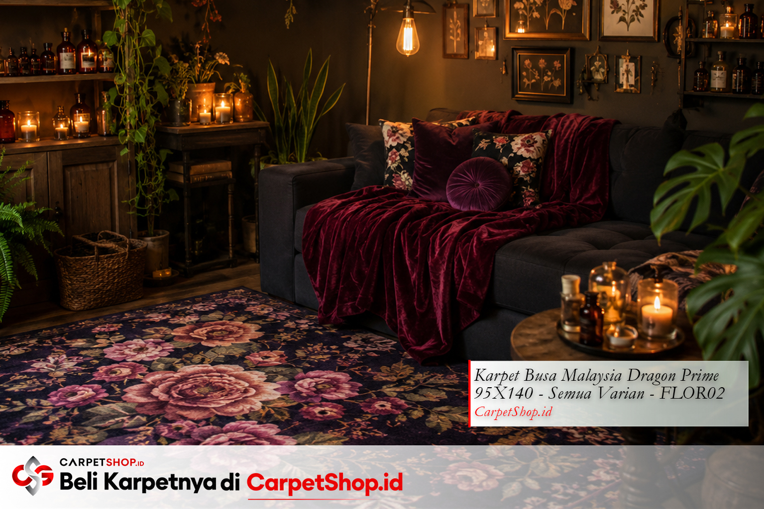 Ruang tamu dark cottagecore moody botanical dengan Karpet Dragon Prime 95X140 FLOR02
