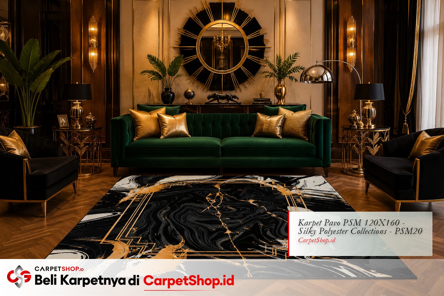 Ruang tamu Art Deco mewah dengan Karpet Pavo PSM 120X160 Silky Polyester PSM20 hitam emas