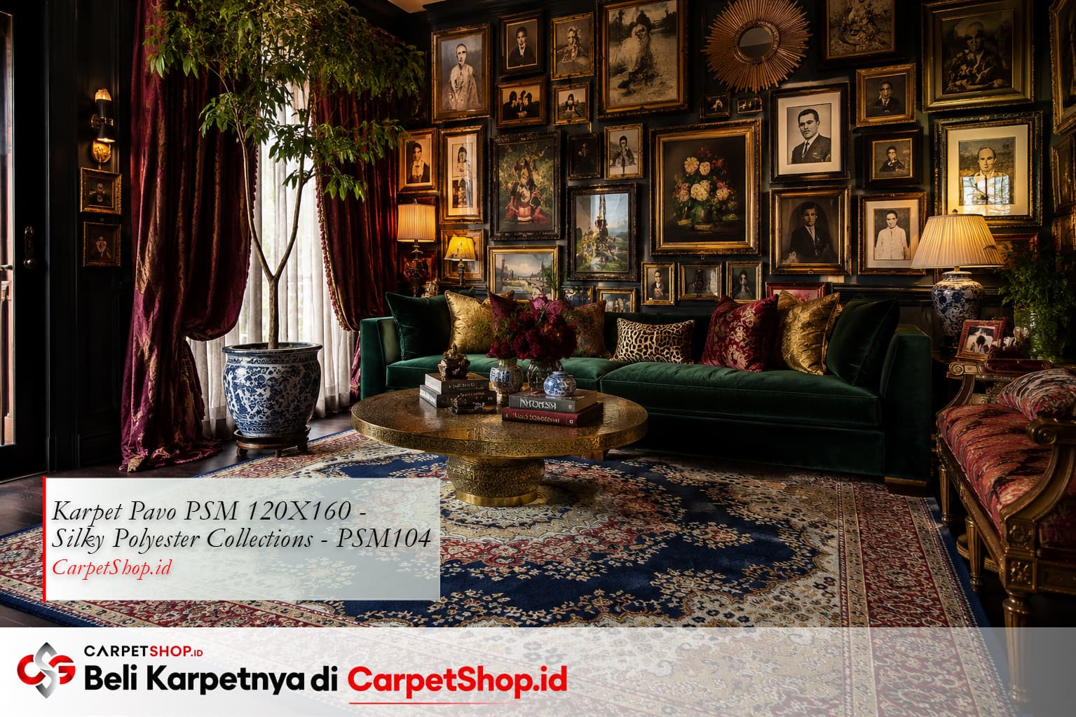Ruang tamu desain interior maximalist mewah dengan Karpet Pavo PSM 120X160 Silky Polyester PSM104