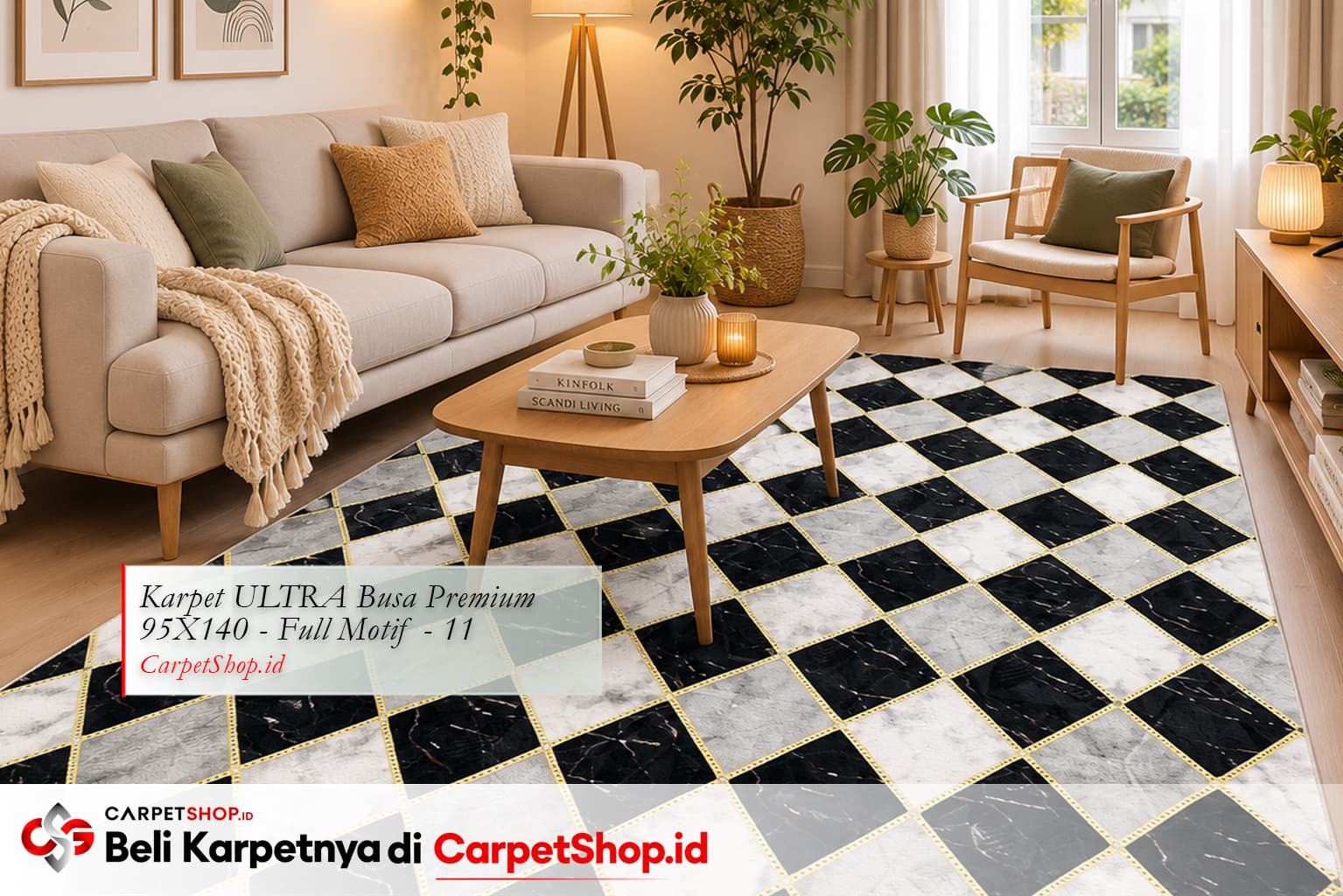 Ruang tamu interior Skandinavia hangat dengan Karpet ULTRA Busa Premium 95X140 Full Motif 11