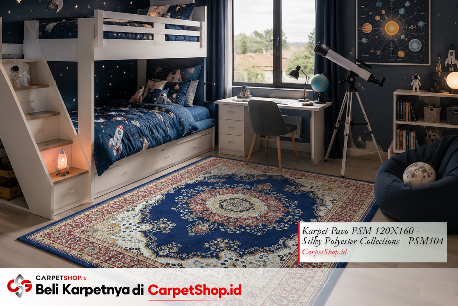 Kamar anak laki-laki tema astronaut dengan Karpet Pavo PSM 120X160 Silky Polyester PSM104 navy