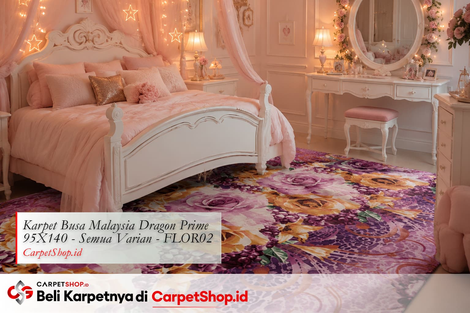 Kamar anak perempuan tema princess dengan Karpet Dragon Prime 95X140 FLOR02 motif bunga