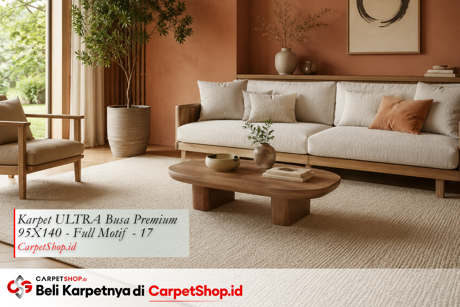 Kombinasi karpet cream dengan dinding terracotta menggunakan Karpet ULTRA Busa Premium 95X140 Full Motif 17