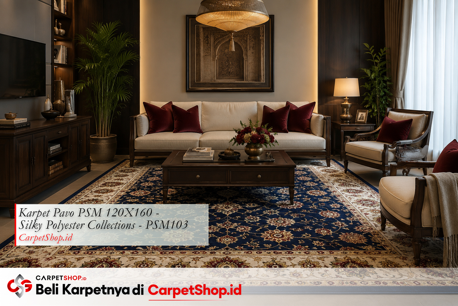 Kombinasi karpet navy dengan aksen merah untuk ruang tamu formal, Karpet Pavo PSM 120X160 Silky Polyester PSM103