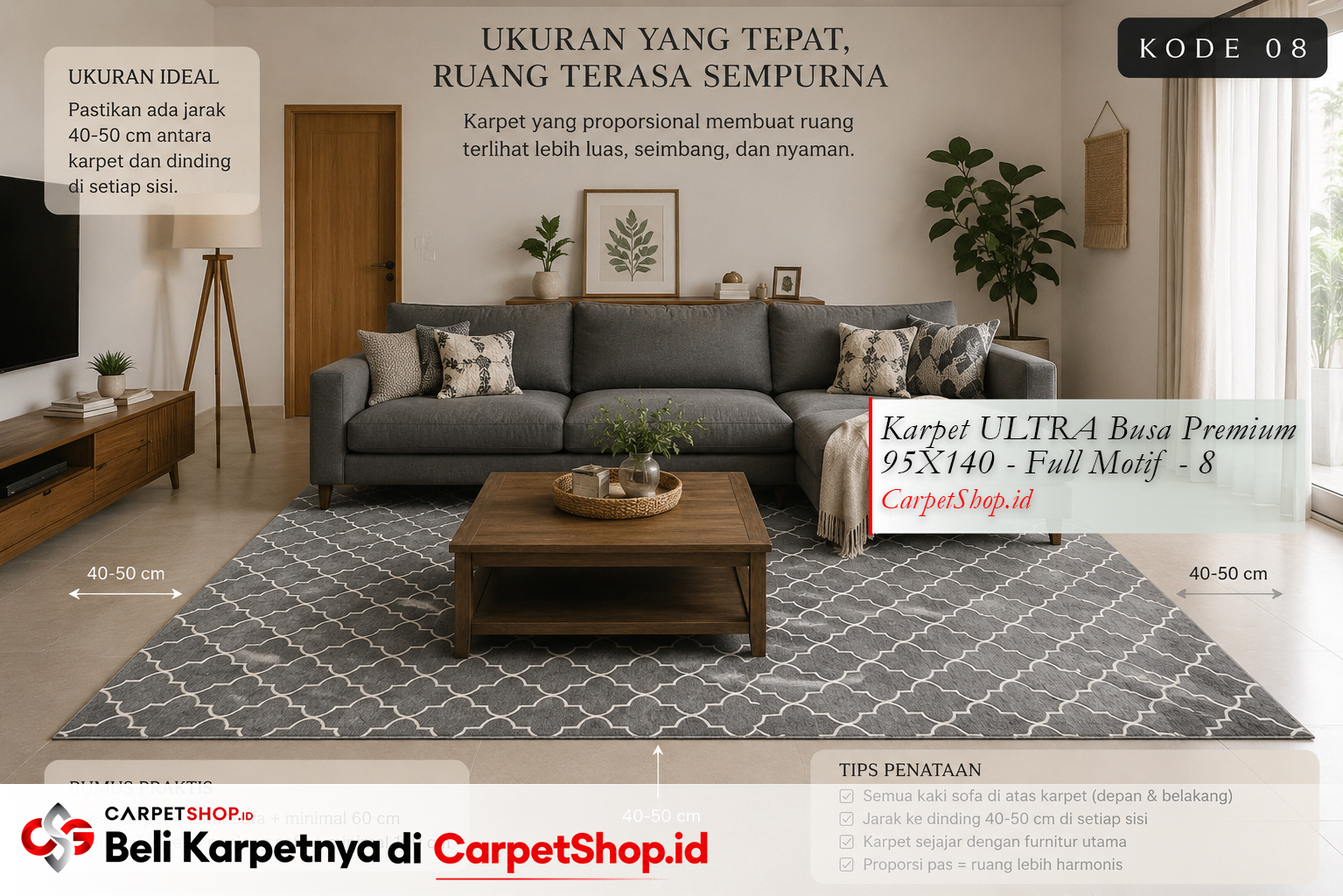 Panduan ukuran karpet yang tepat untuk ruang tamu -- Karpet ULTRA Busa Premium 95X140 Full Motif 8