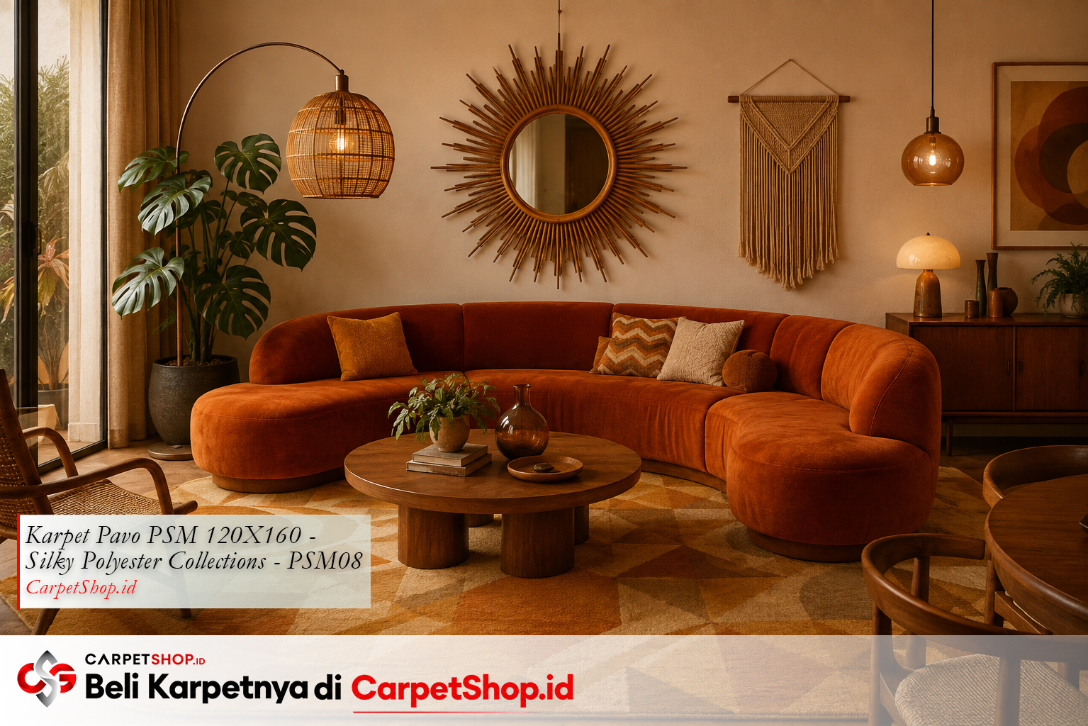 Ruang tamu desain interior Retro 70s groovy dengan Karpet Pavo PSM 120X160 Silky Polyester PSM08