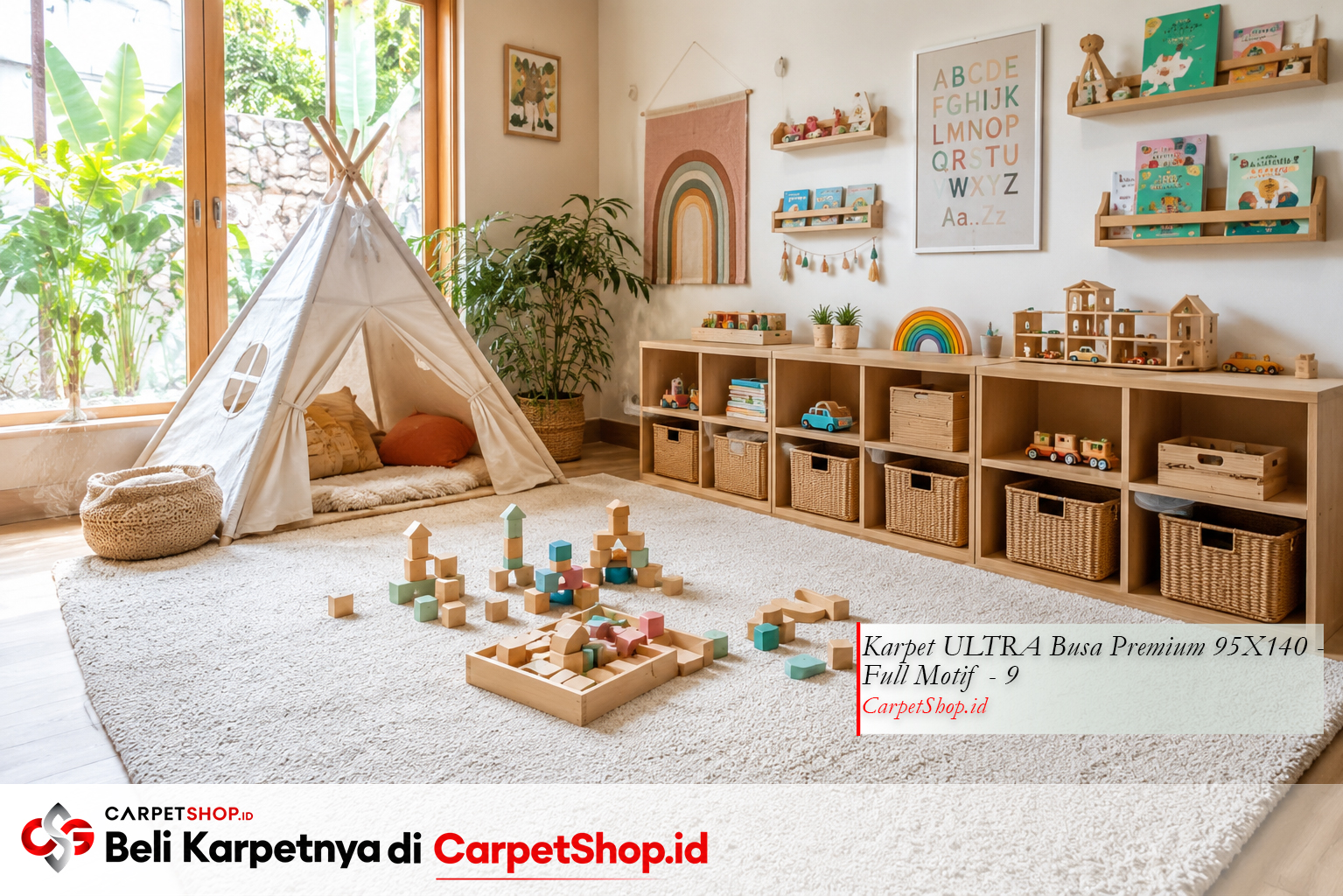 Ruang bermain anak gender neutral dengan Karpet ULTRA Busa Premium 95X140 Full Motif 9 tebal aman
