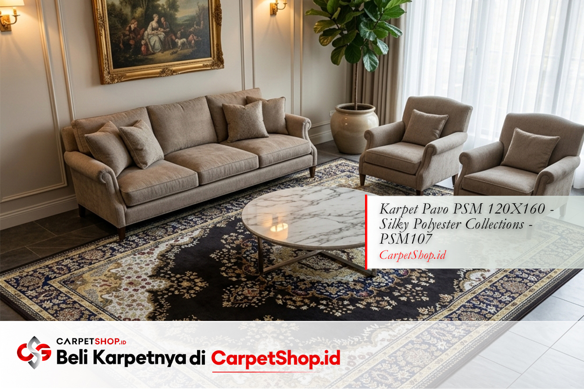 Ruang tamu 5x6 meter karpet Persian besar all legs in dengan Karpet Pavo PSM 120X160 Silky Polyester PSM107