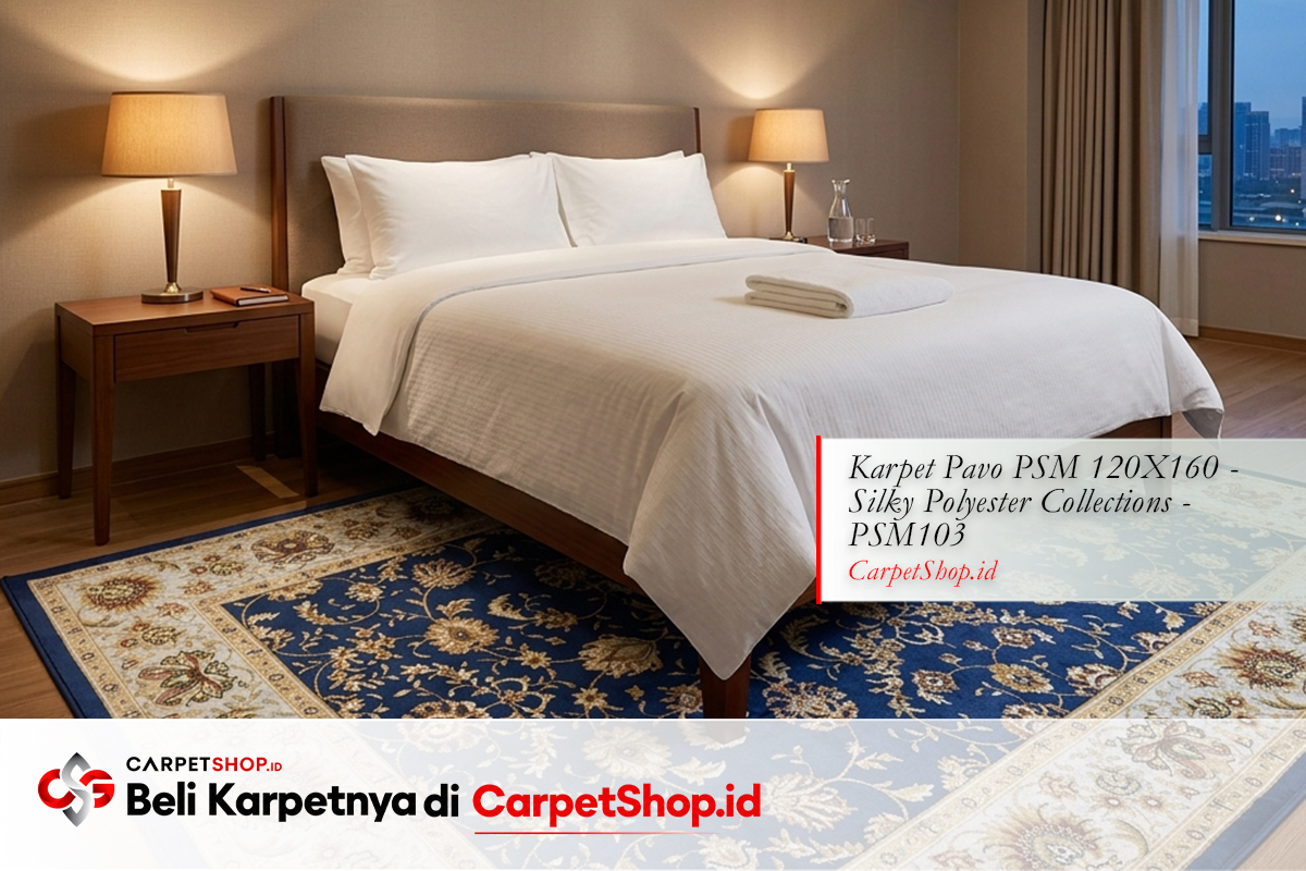 Kamar hotel standard karpet Persian navy dengan Karpet Pavo PSM 120X160 Silky Polyester PSM103