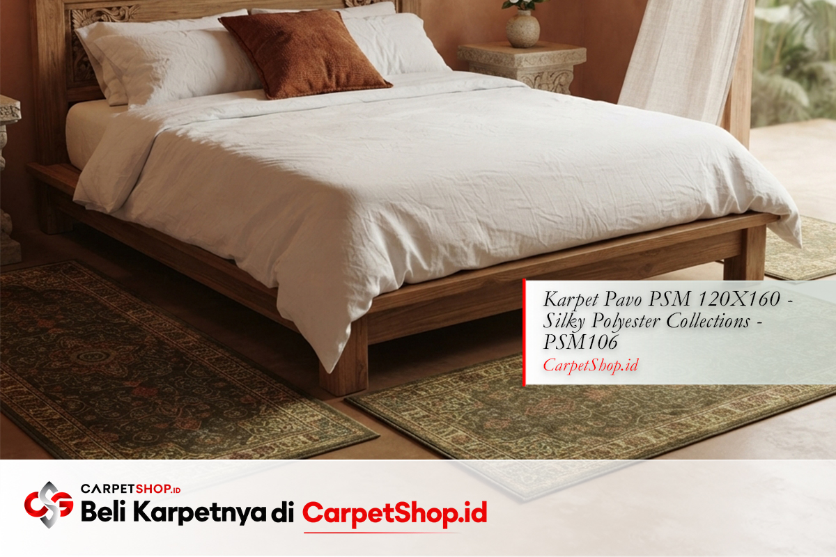 Kamar tidur desain interior Bali Modern natural tenang dengan Karpet Pavo PSM 120X160 Silky Polyester PSM106