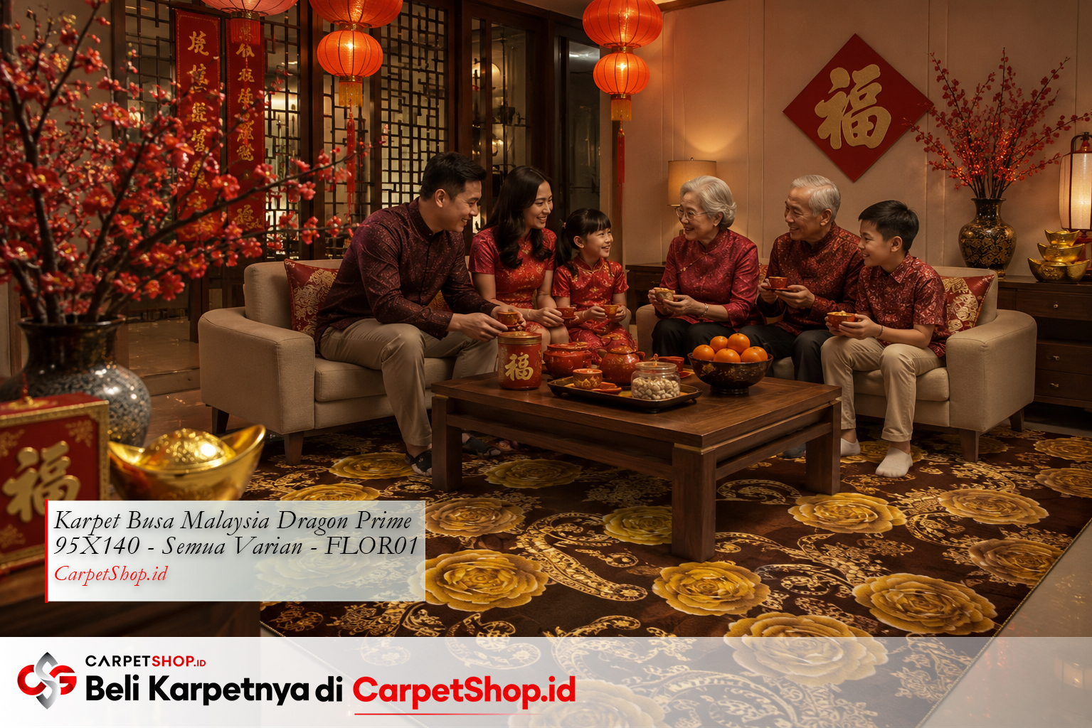 Dekorasi Imlek ruang keluarga dengan Karpet Dragon Prime 95X140 FLOR01 bunga emas
