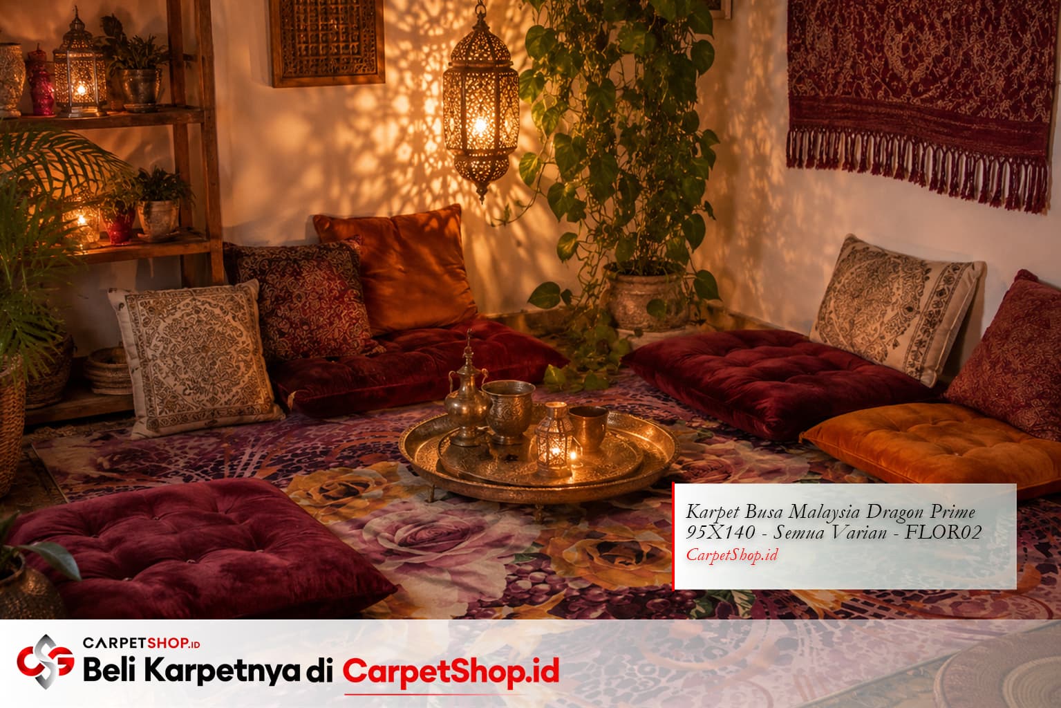 Ruang lesehan Bohemian dengan Karpet Dragon Prime 95X140 FLOR02 motif bunga ungu pink
