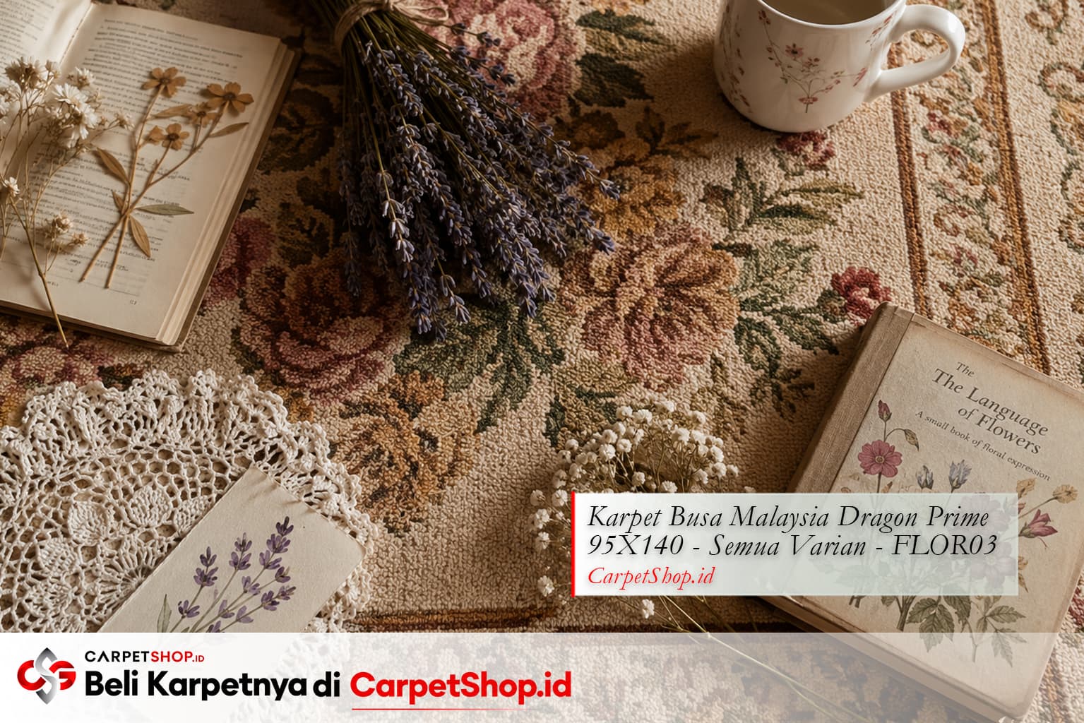Elemen dekorasi Cottagecore di atas Karpet Dragon Prime 95X140 FLOR03 motif bunga