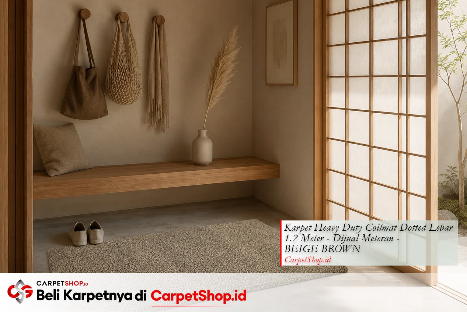Foyer rumah Japandi tenang dengan Karpet Heavy Duty Coilmat Beige Brown