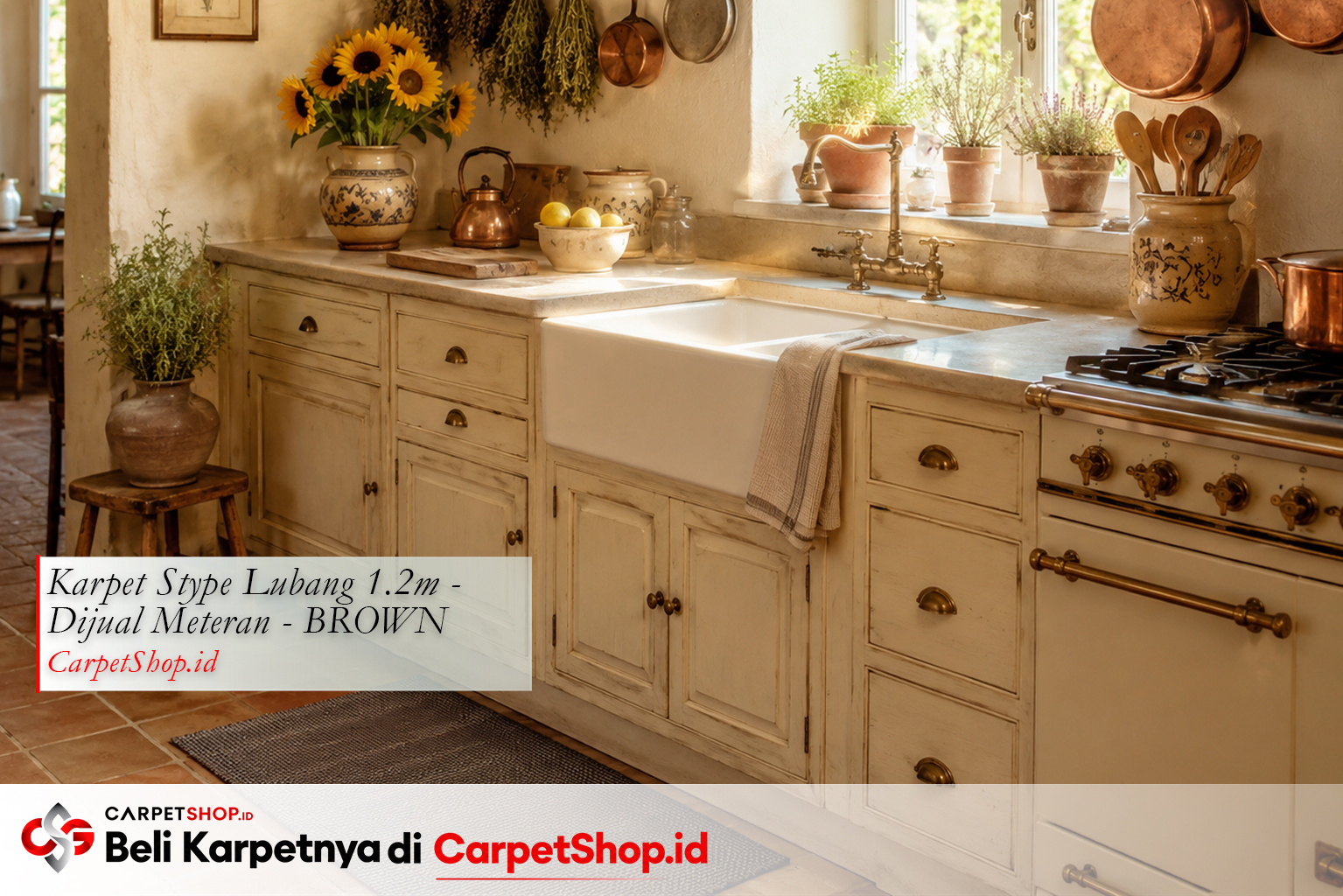 Dapur desain interior French Country hangat dengan Keset Stype Lubang 1.2m Warna Brown