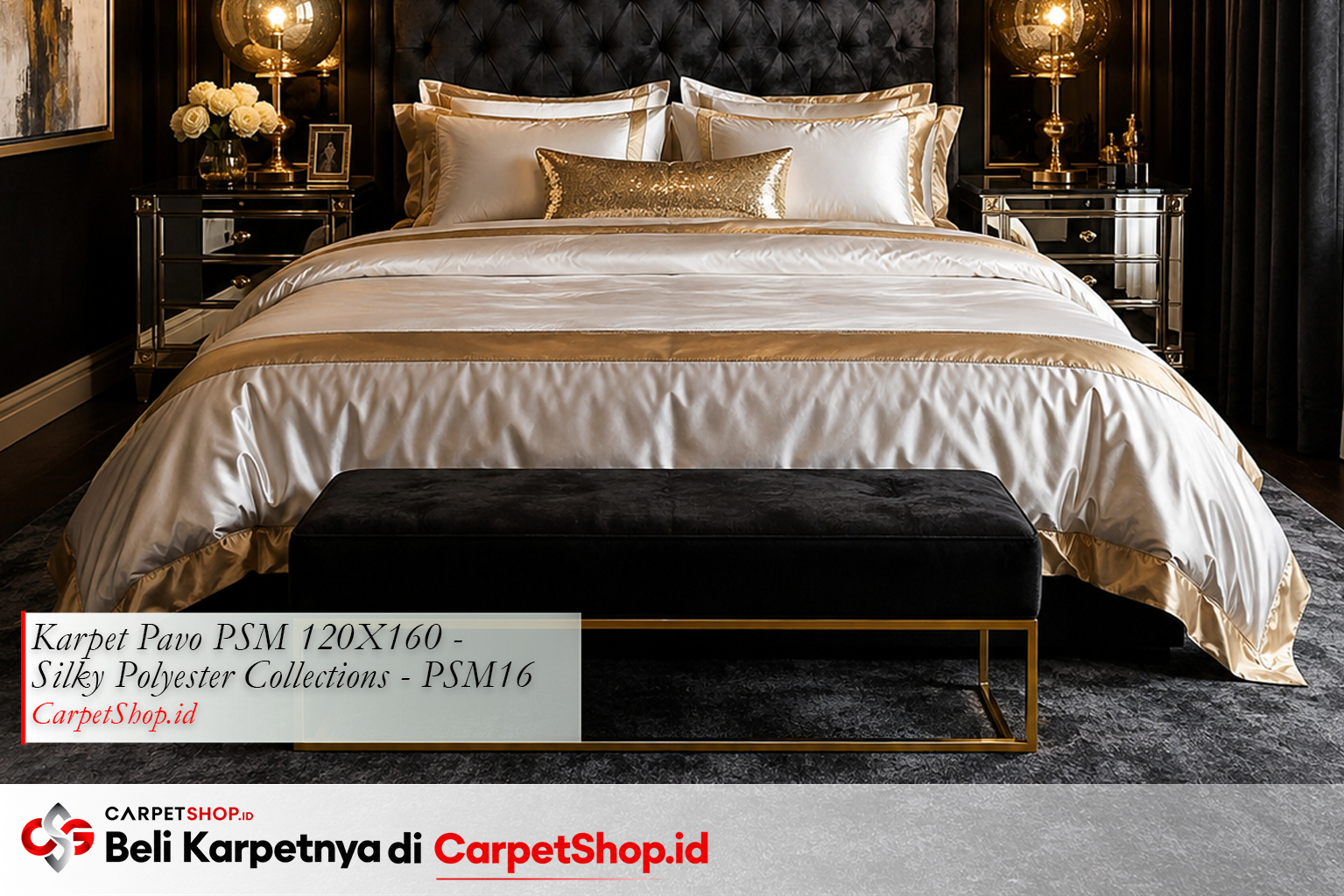 Kamar tidur desain interior Hollywood Regency velvet dramatis dengan Karpet Pavo PSM 120X160 Silky Polyester PSM16