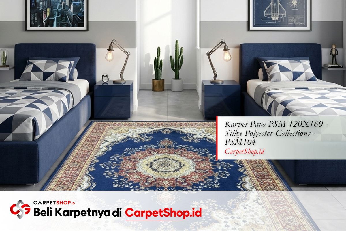 Kamar tidur anak kembar laki-laki navy bold dengan Karpet Pavo PSM 120X160 Silky Polyester PSM104