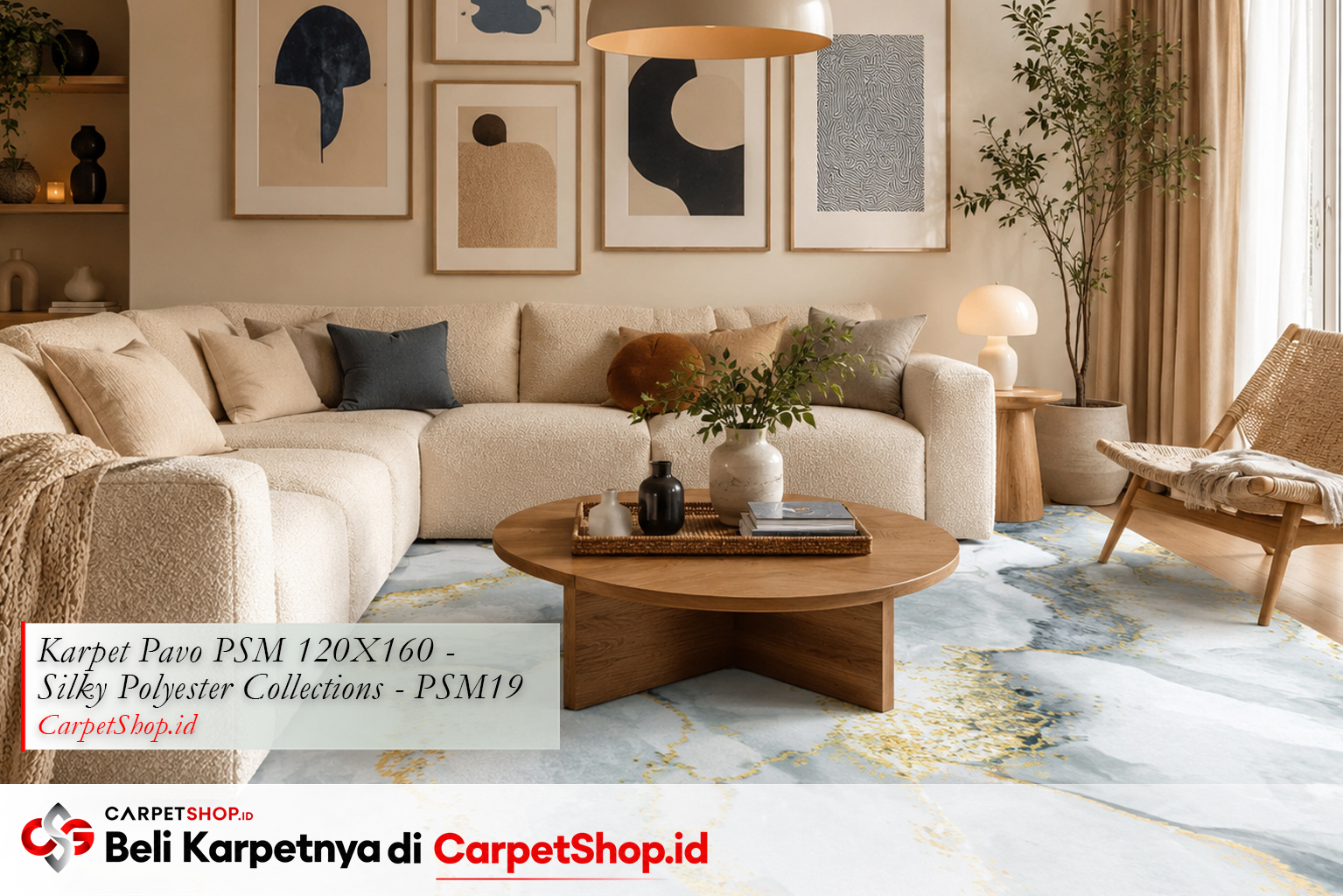 Karpet motif abstrak warm neutral untuk ruang keluarga, Karpet Pavo PSM 120X160 Silky Polyester PSM19
