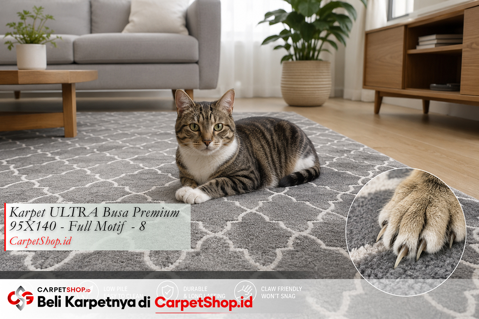 Karpet tahan bulu kucing low pile -- Karpet ULTRA Busa Premium 95X140 Full Motif 8