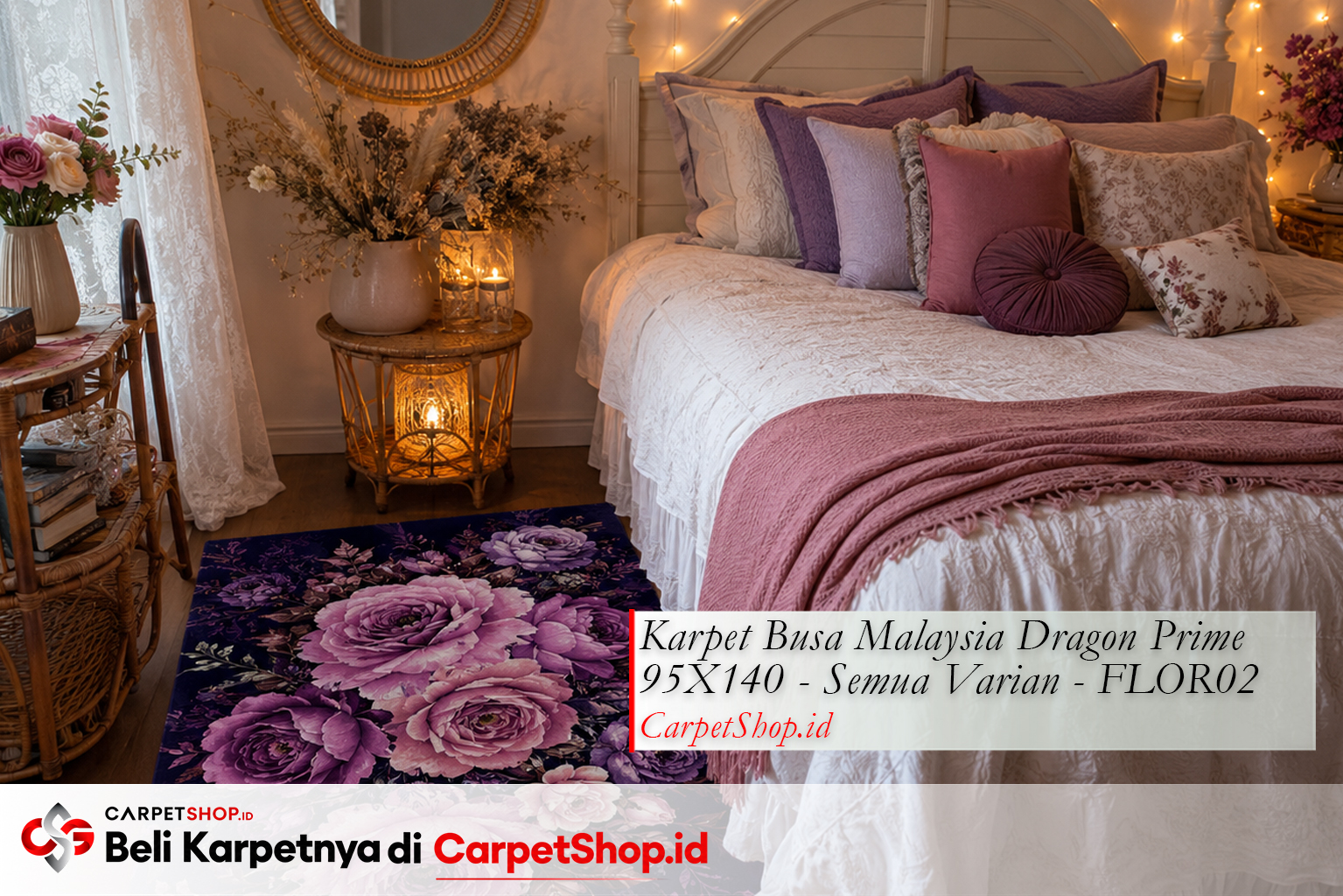 Karpet motif bunga ungu pink untuk kamar tidur romantis, Karpet Dragon Prime 95X140 FLOR02