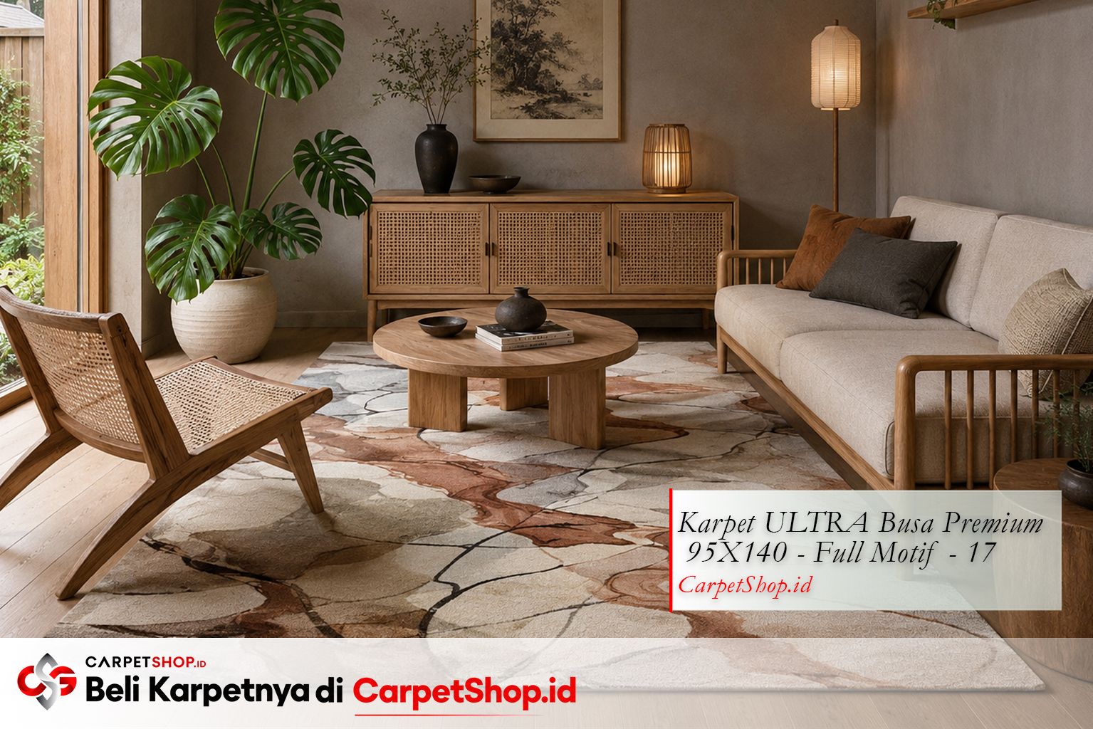 Kombinasi karpet earth tone dengan dinding abu menggunakan Karpet ULTRA Busa Premium 95X140 Full Motif 17