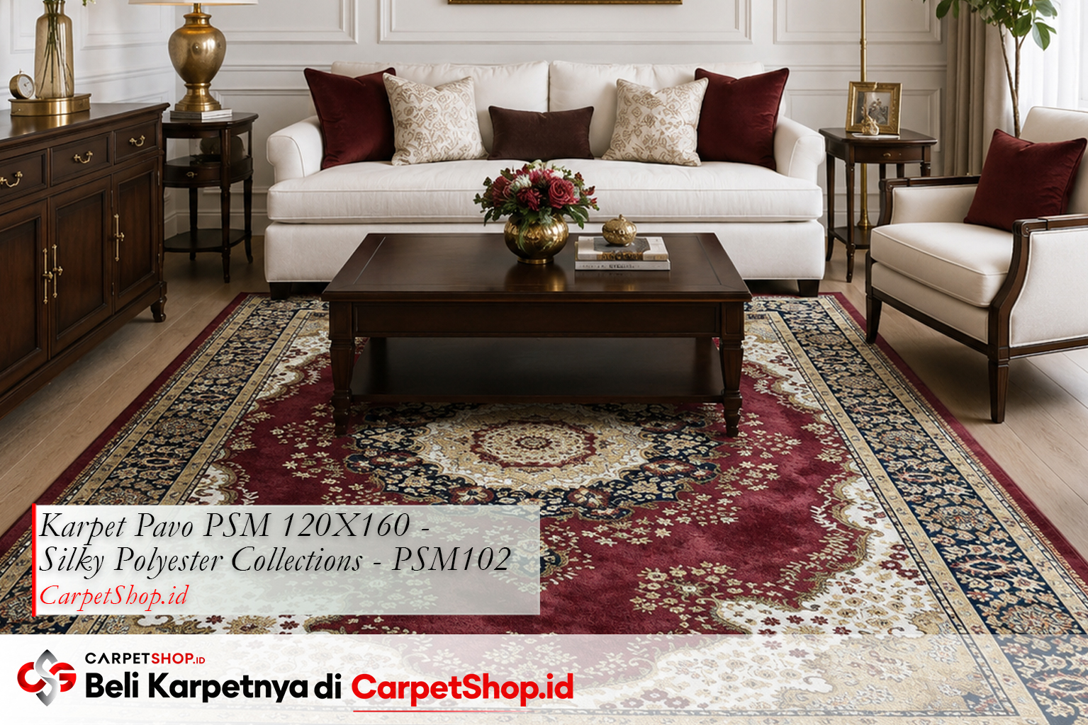 Kombinasi karpet Persian merah dengan dinding putih menggunakan Karpet Pavo PSM 120X160 Silky Polyester PSM102