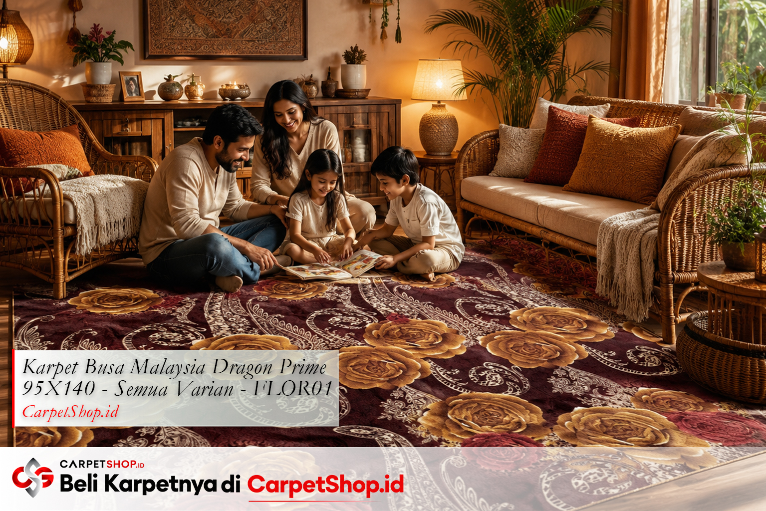 Karpet warna merah emas bunga untuk ruang keluarga, Karpet Dragon Prime 95X140 FLOR01