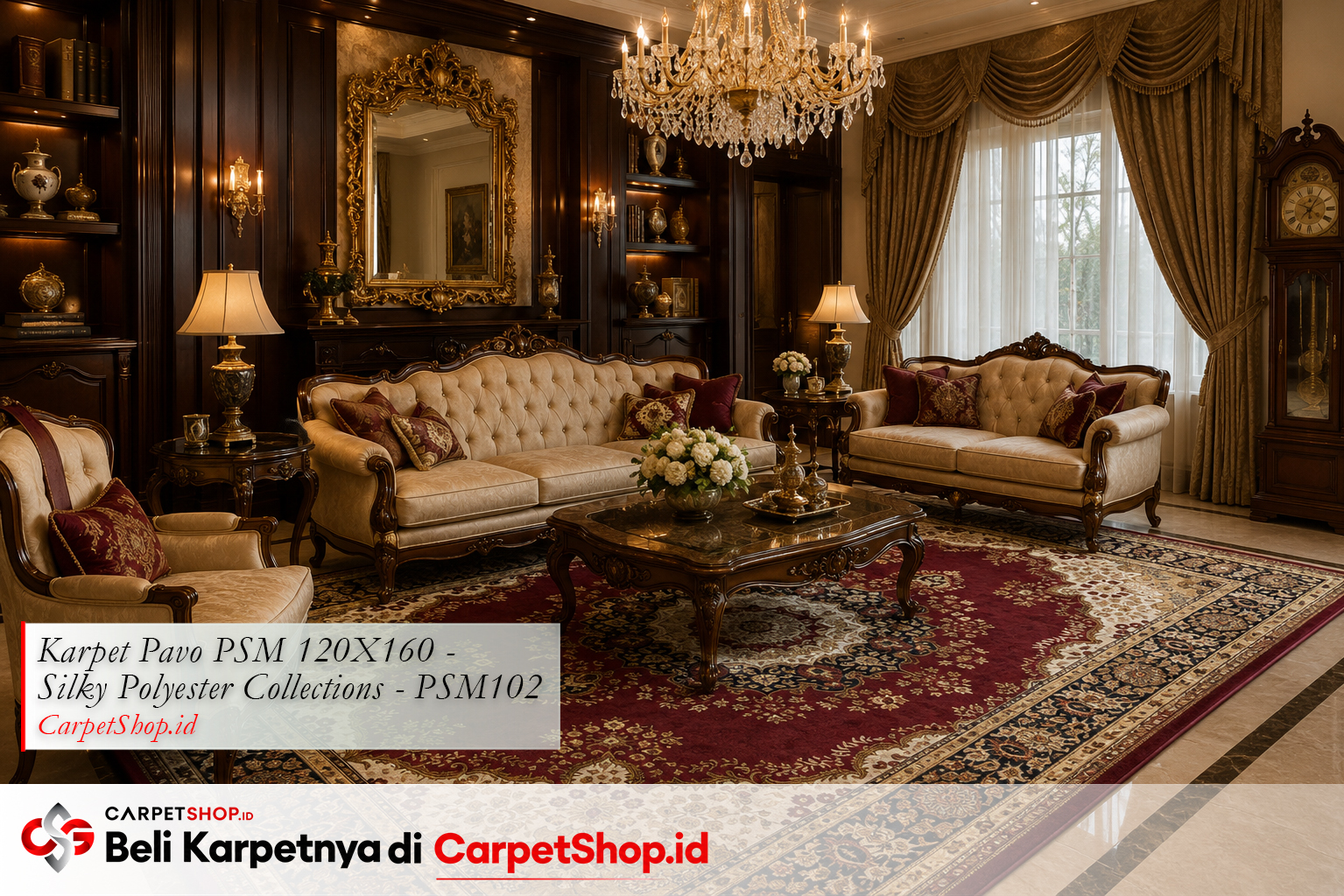 Karpet motif Persian merah burgundy untuk ruang keluarga mewah, Karpet Pavo PSM 120X160 Silky Polyester PSM102