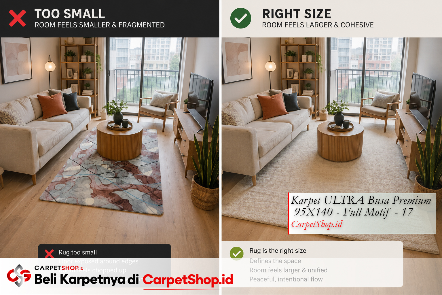 Perbandingan karpet kecil vs tepat untuk ruangan kecil -- Karpet ULTRA Busa Premium 95X140 Full Motif 17