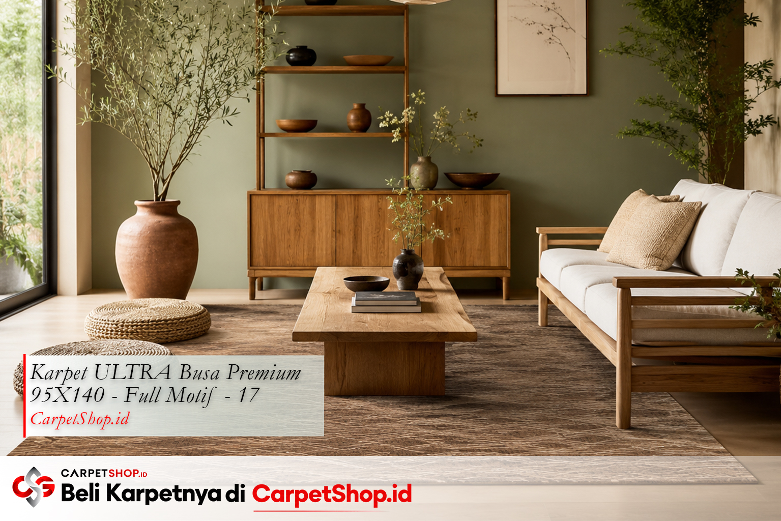 Kombinasi karpet earth tone dengan dinding sage green menggunakan Karpet ULTRA Busa Premium 95X140 Full 