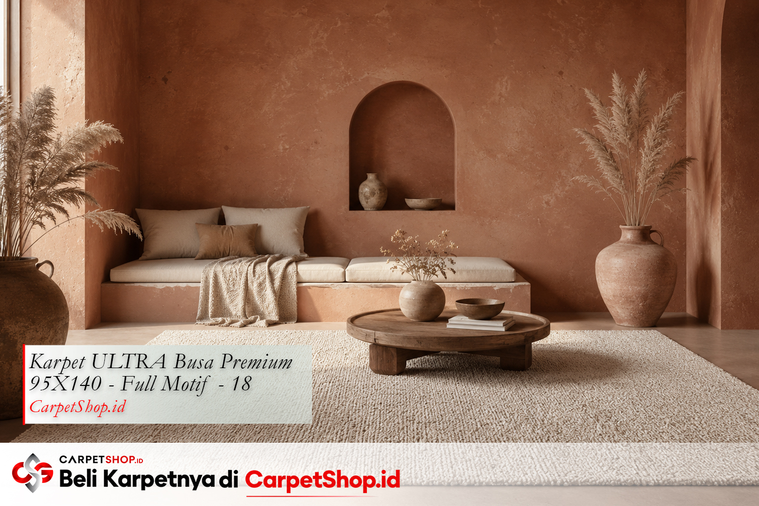 Kombinasi karpet off-white dengan dinding terracotta menggunakan Karpet ULTRA Busa Premium 95X140 Full Motif 18