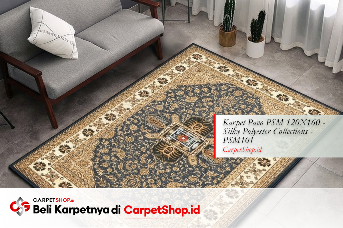 Furnitur kayu teak dengan karpet Persian beige elegan dengan Karpet Pavo PSM 120X160 Silky Polyester PSM101