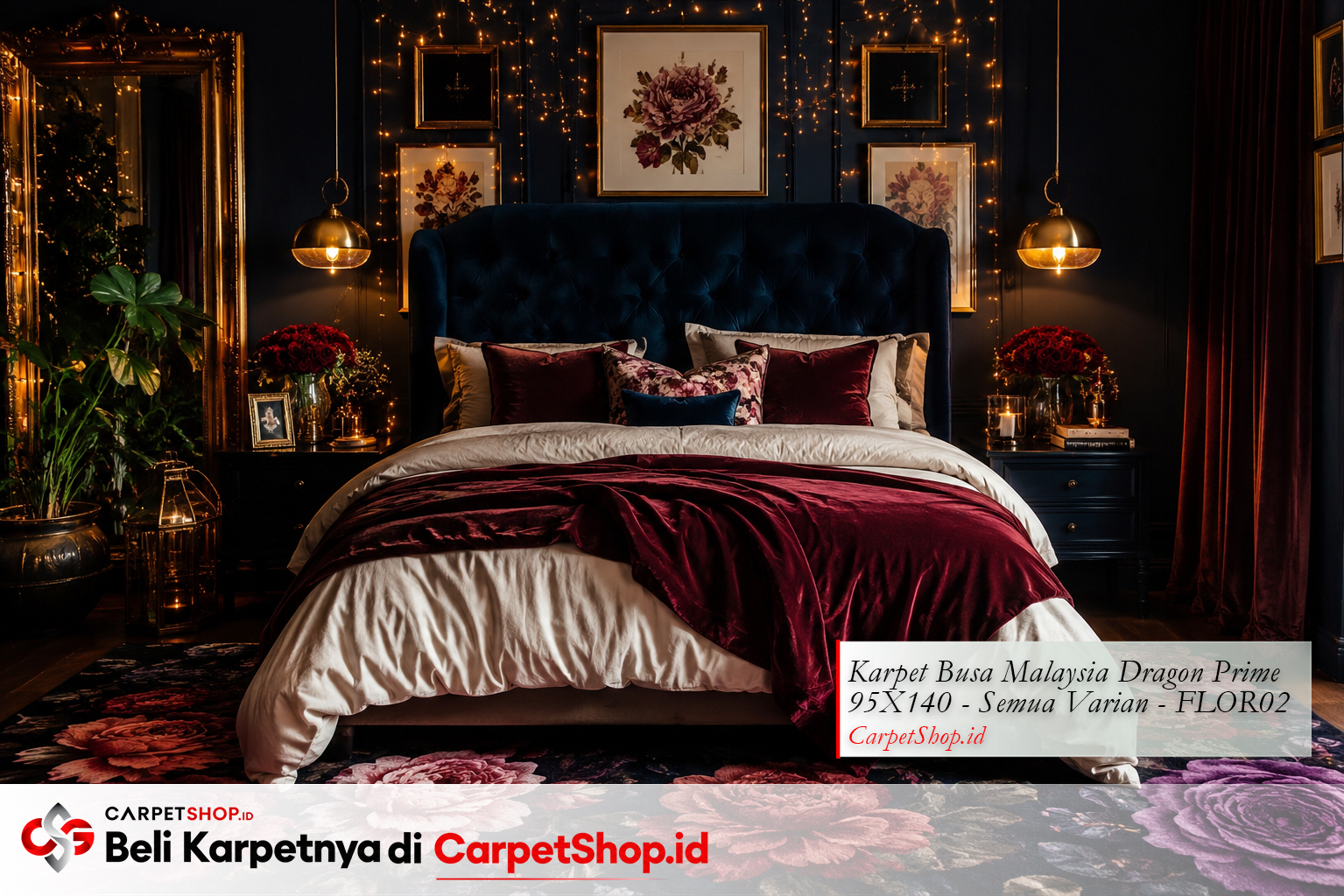 Kamar tidur maximalist intim dramatis dengan Karpet Dragon Prime 95X140 FLOR02
