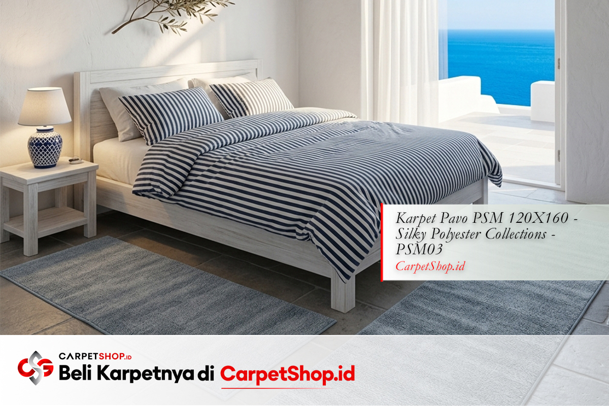 Kamar tidur desain interior Mediterranean biru putih Santorini dengan Karpet Pavo PSM 120X160 Silky Polyester PSM03