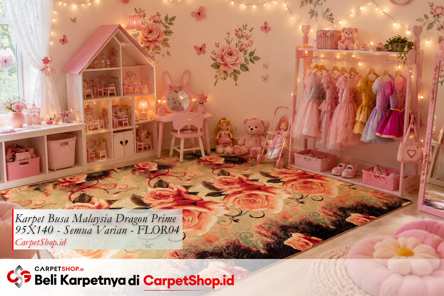 Ruang bermain anak perempuan dengan Karpet Dragon Prime 95X140 FLOR04 motif bunga lembut