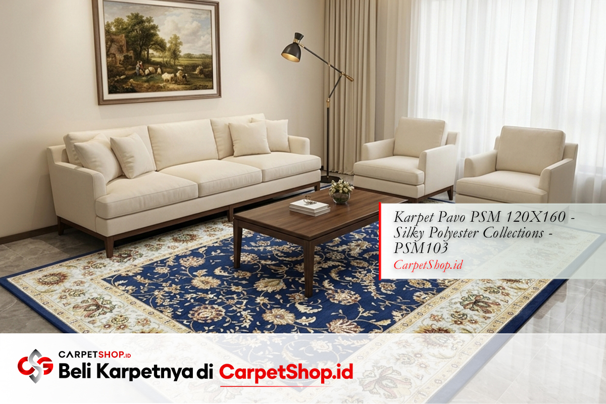 Ruang tamu 5x6 meter elegan all legs in Persian navy dengan Karpet Pavo PSM 120X160 Silky Polyester PSM103