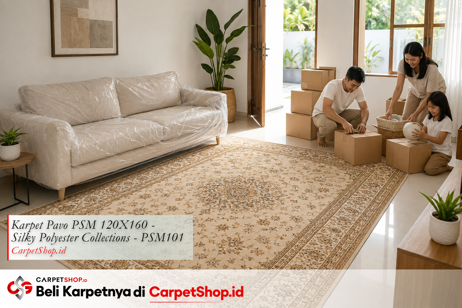 Ruang tamu rumah baru dengan Karpet Pavo PSM 120X160 Silky Polyester PSM101