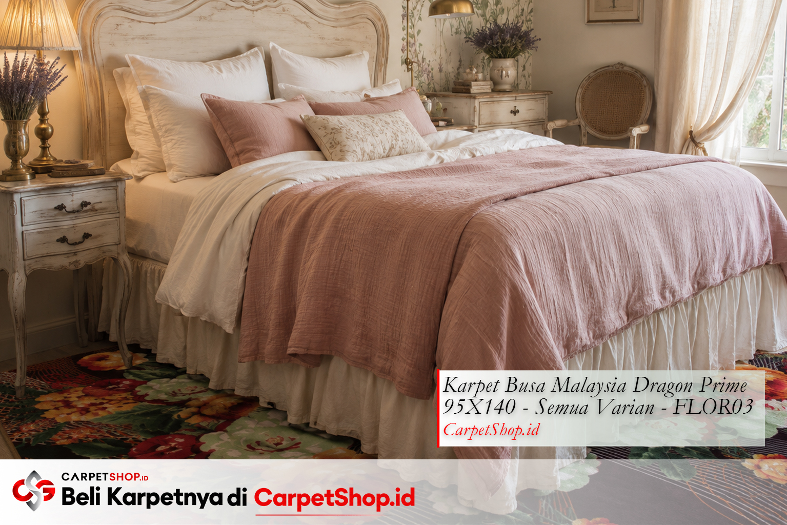 Kamar tidur desain interior French Country romantis dengan Karpet Dragon Prime 95X140 FLOR03