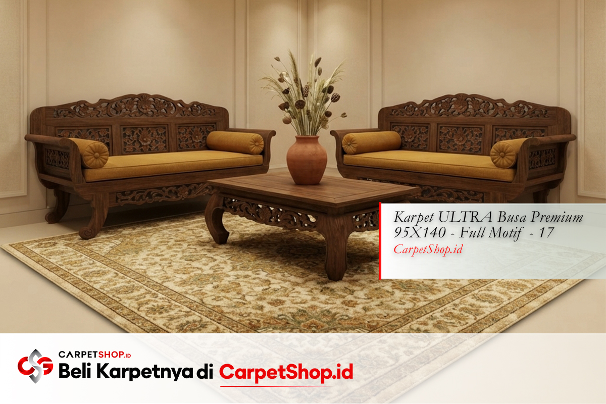 Ruang duduk formal Jawa karpet Persian beige dengan Karpet Pavo PSM 120X160 Silky Polyester PSM101