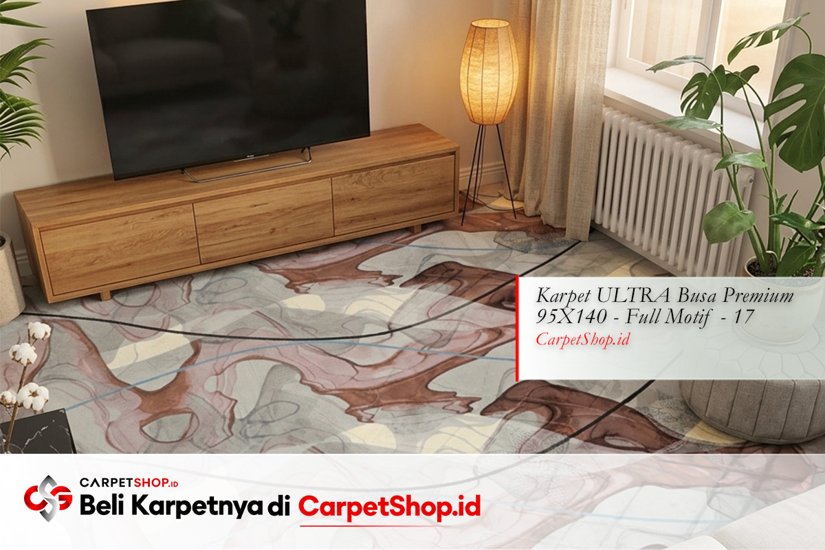 Ruang TV keluarga Japandi earth tone dengan Karpet ULTRA Busa Premium 95X140 Full Motif 17