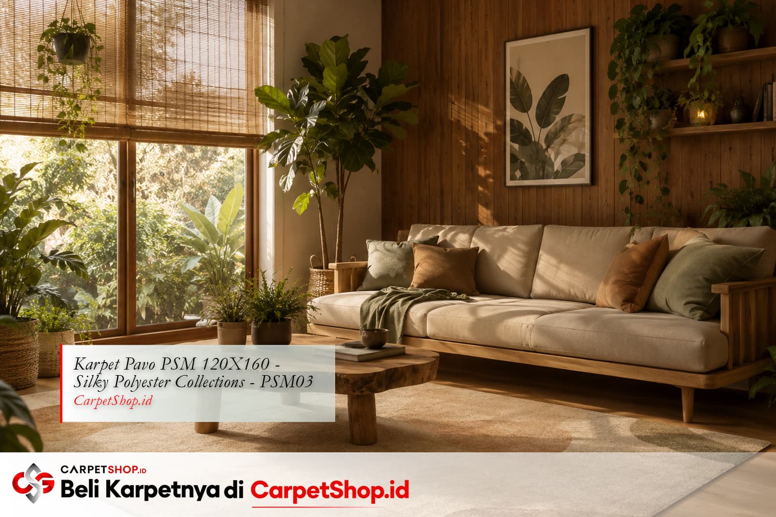 Ruang tamu Biophilic Design full dengan Karpet Pavo PSM 120X160 Silky Polyester PSM03