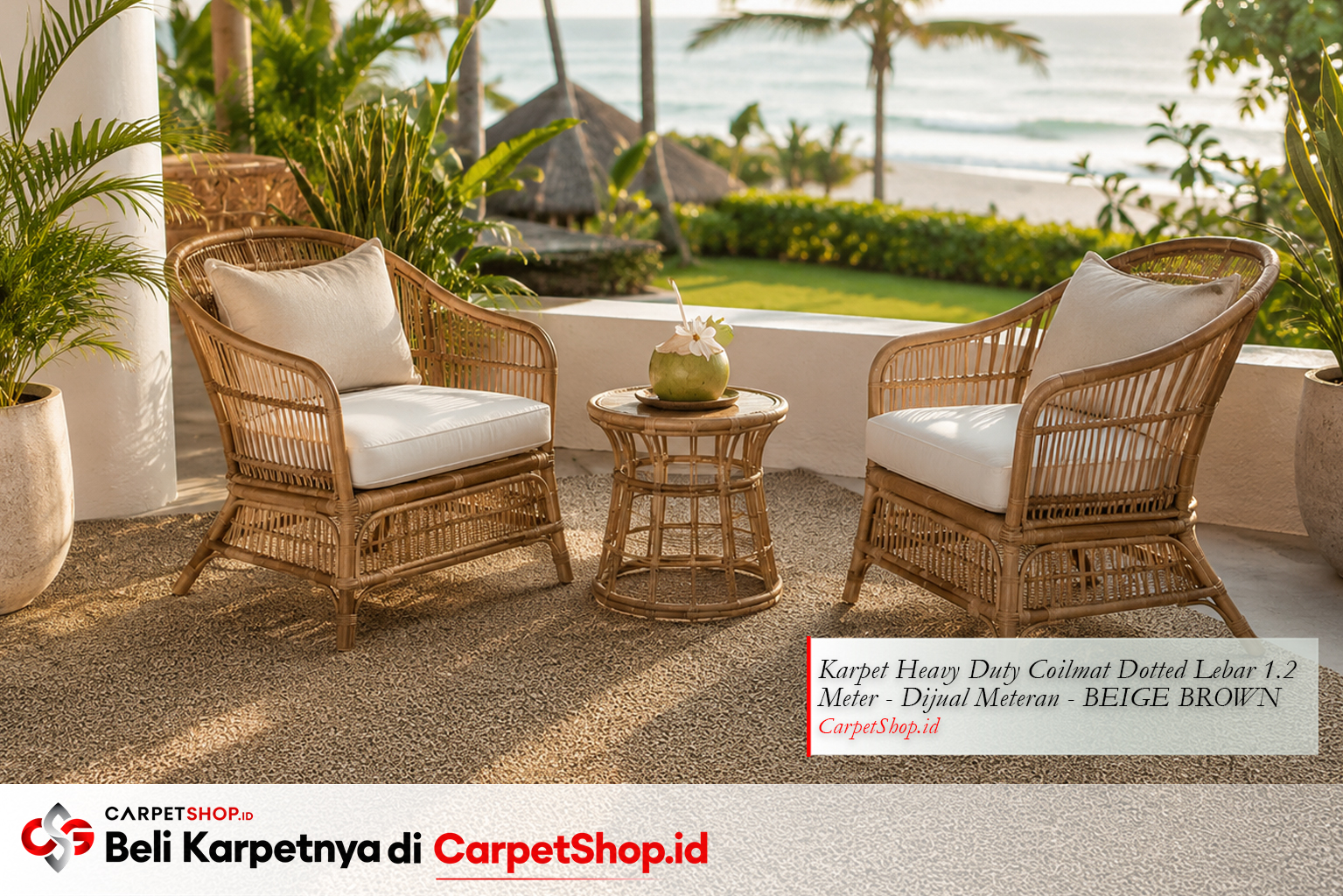 Teras desain interior coastal dengan Karpet Heavy Duty Coilmat Dotted Beige Brown