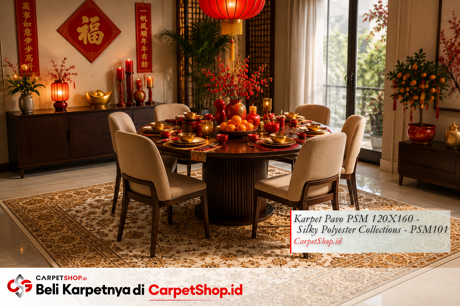 Dekorasi Imlek ruang makan dengan Karpet Pavo PSM 120X160 Silky Polyester PSM101 beige emas