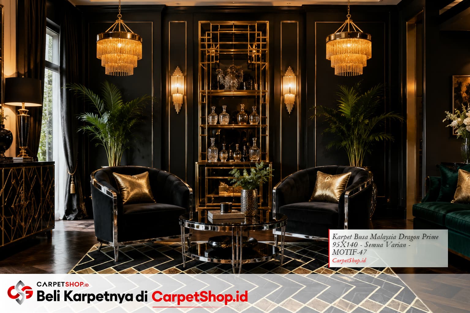Ruang tamu Art Deco dramatis dengan Karpet Dragon Prime 95X140 MOTIF-47