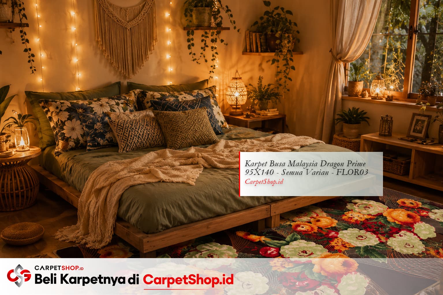  Kamar tidur Bohemian dengan Karpet Dragon Prime 95X140 FLOR03 motif bunga