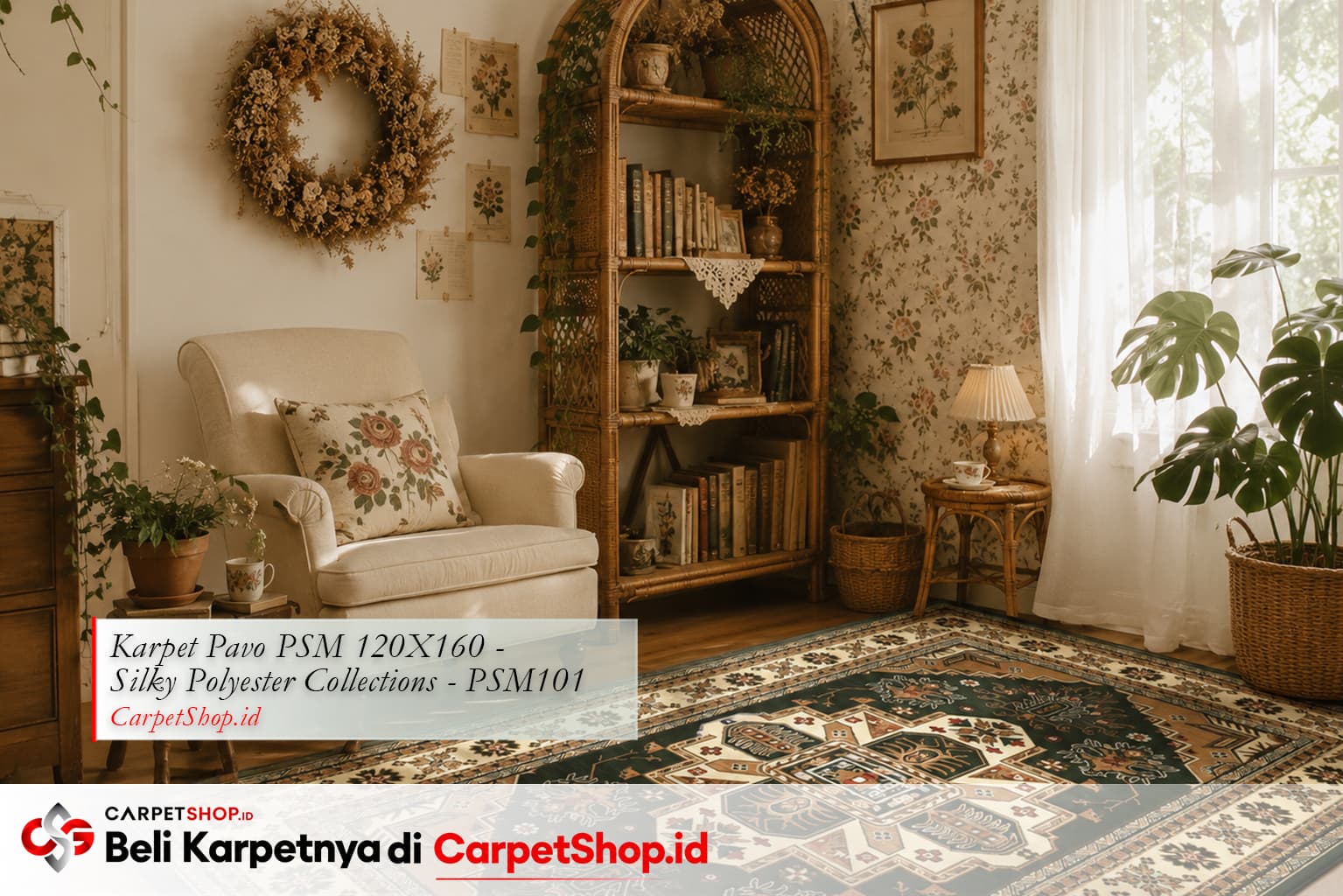 Ruang tamu Cottagecore penuh dengan Karpet Pavo PSM 120X160 Silky Polyester PSM101